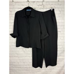 Johnny Was Textured Pant Set Outfit elastic waist Large Button Collar Shirt